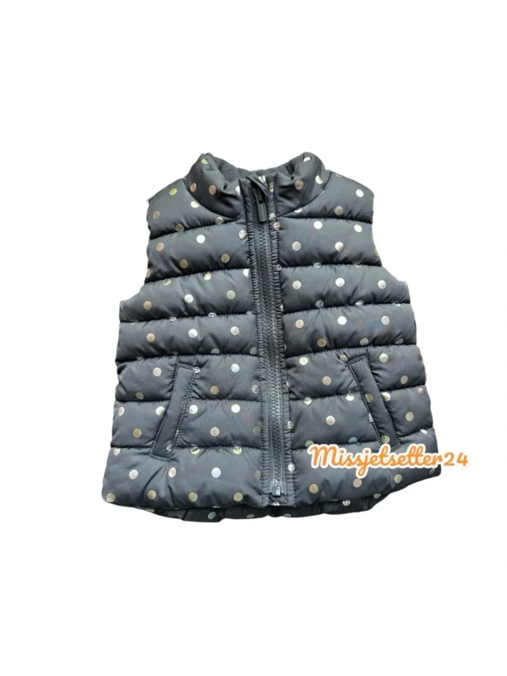 Old Navy Infant Puffer Vest 18-24 months Charcoal Gray Silver Shiny Polka Dots